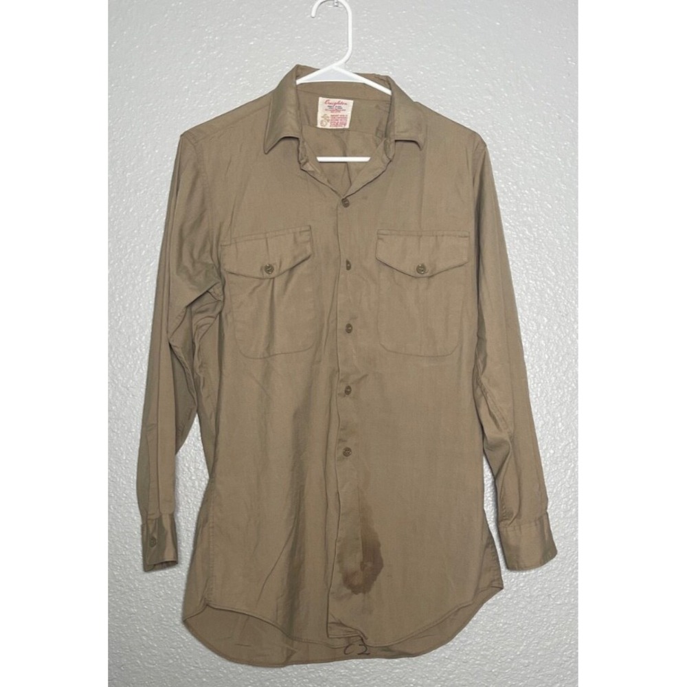 VTG Creighton Button Up Shirt Men's Tan Brown Long Sleeve Military USMC *Stained